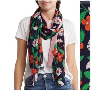 Kate Spade New York Floral Scarf Navy Pink Viscose Eyelash‎ Fringe NWT